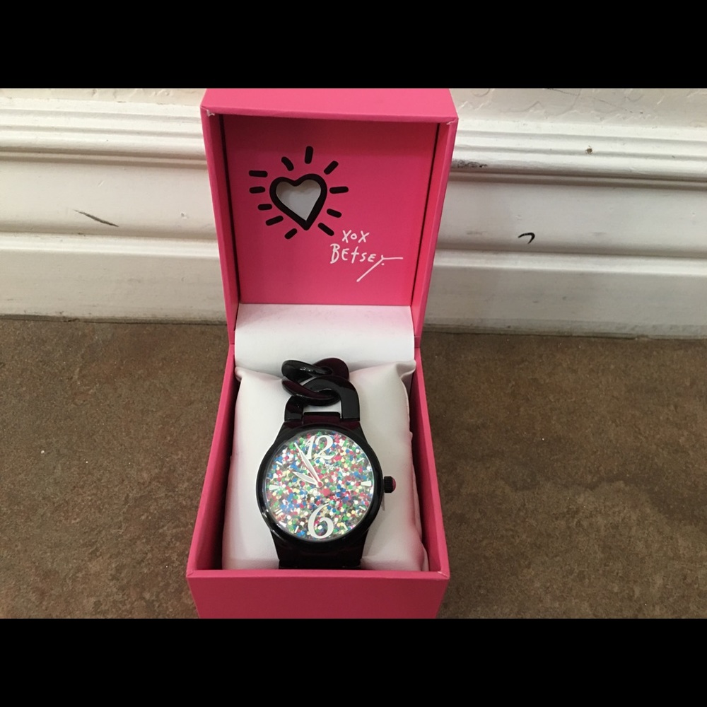 NIB! Betsey Johnson Glitter Chain Link Watch Black
